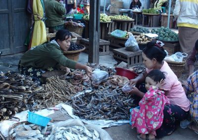 Devant étal poissons fumés marché Birmanie