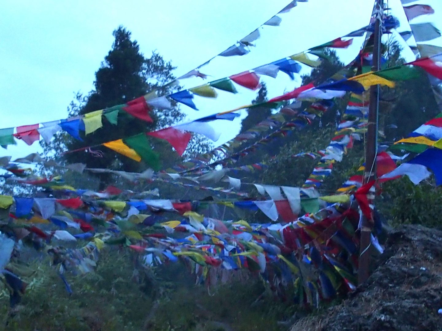 Drapeaux de prière autour temple tibétain Kalimpong Inde