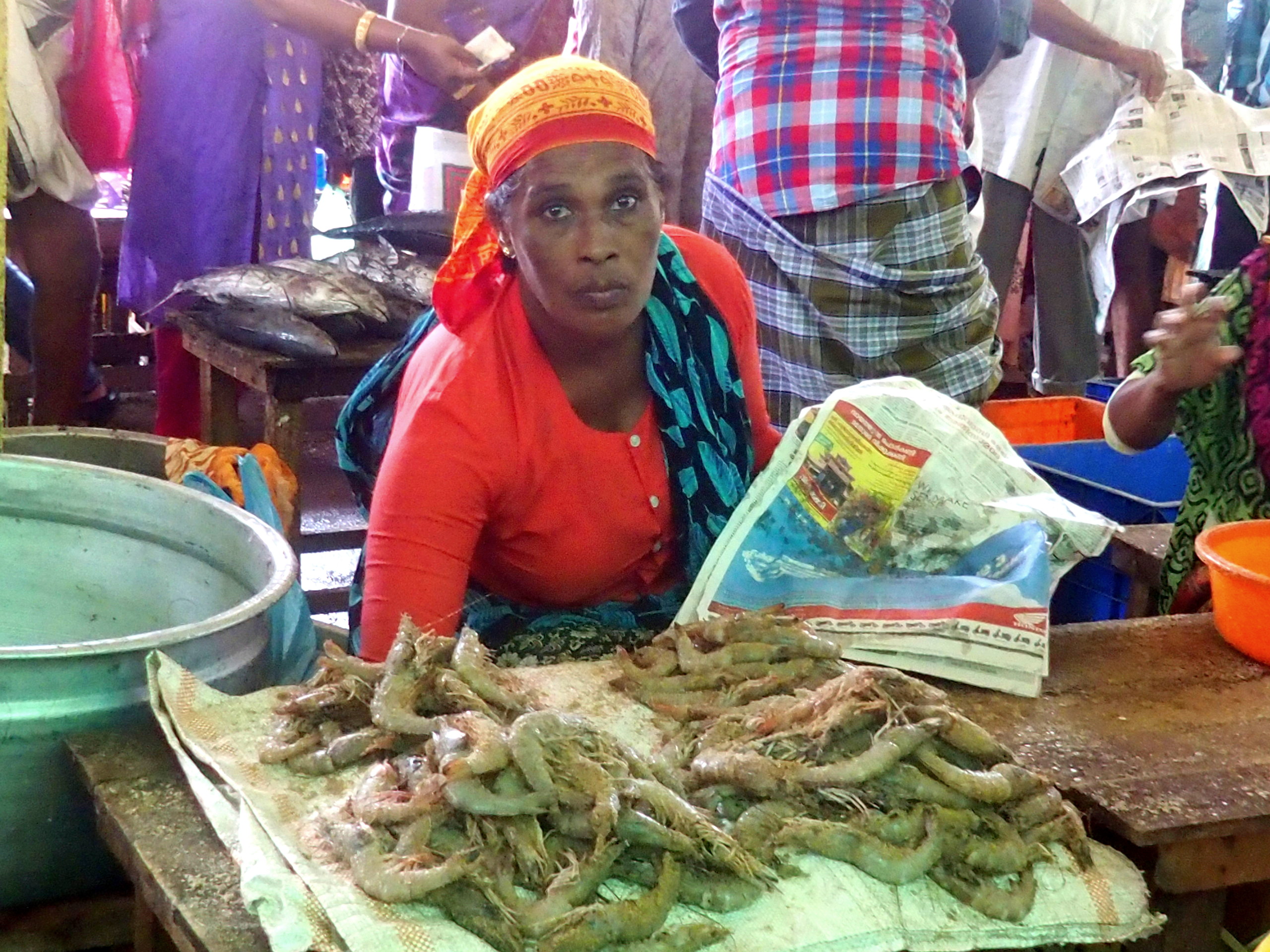 Marchande crevettes marché Vishram Inde
