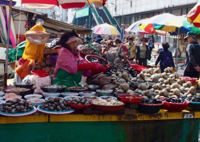 Vendeuse coquillages marché Busan Corée